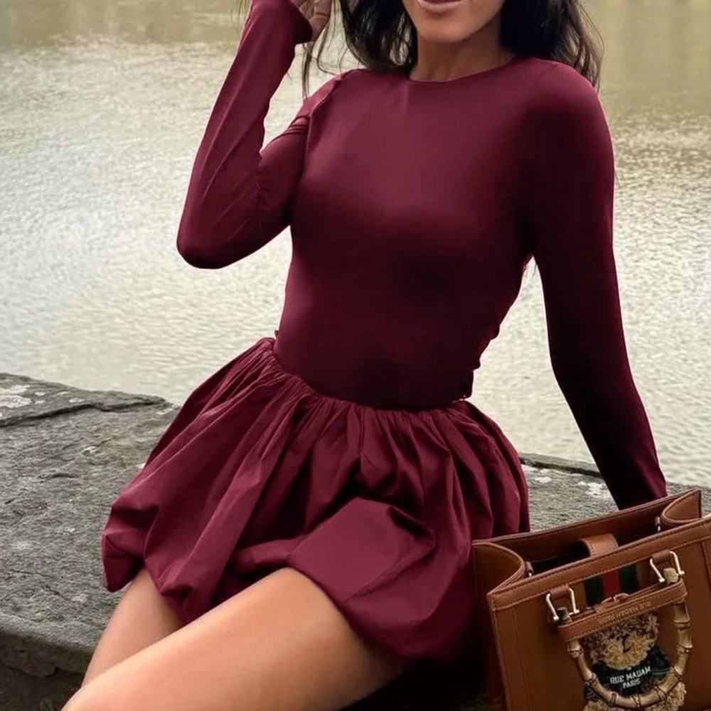 Women's Long Sleeve Bubble Hem Dress in Deep Wine Red